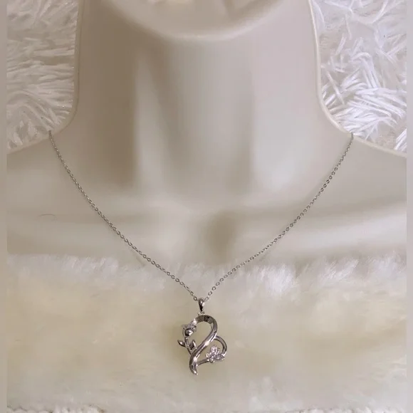 925 Sterling Silver Heart Rose Butterfly Pendant Necklace with Crystal Accents - Picture 6 of 15